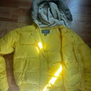 American eagle Yellow Puffer Jacket with Fur Hood